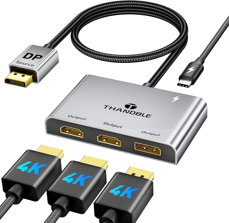 THANDBLE DisplayPort to Dual HDMI with DP Adapter (4K@60Hz) Extended Display 1 in 3 Out MST Hub for Multiple Monitors Compatible for Graphics Card, PC, NVIDIA, AMD - Image 1